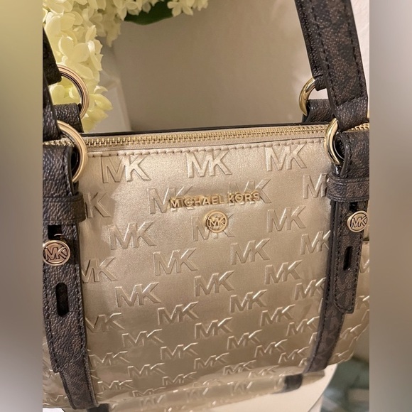 Michael Kors GoldBrown Sullivan Logo Convertible Handbag Strap not incl. - Picture 5 of 16